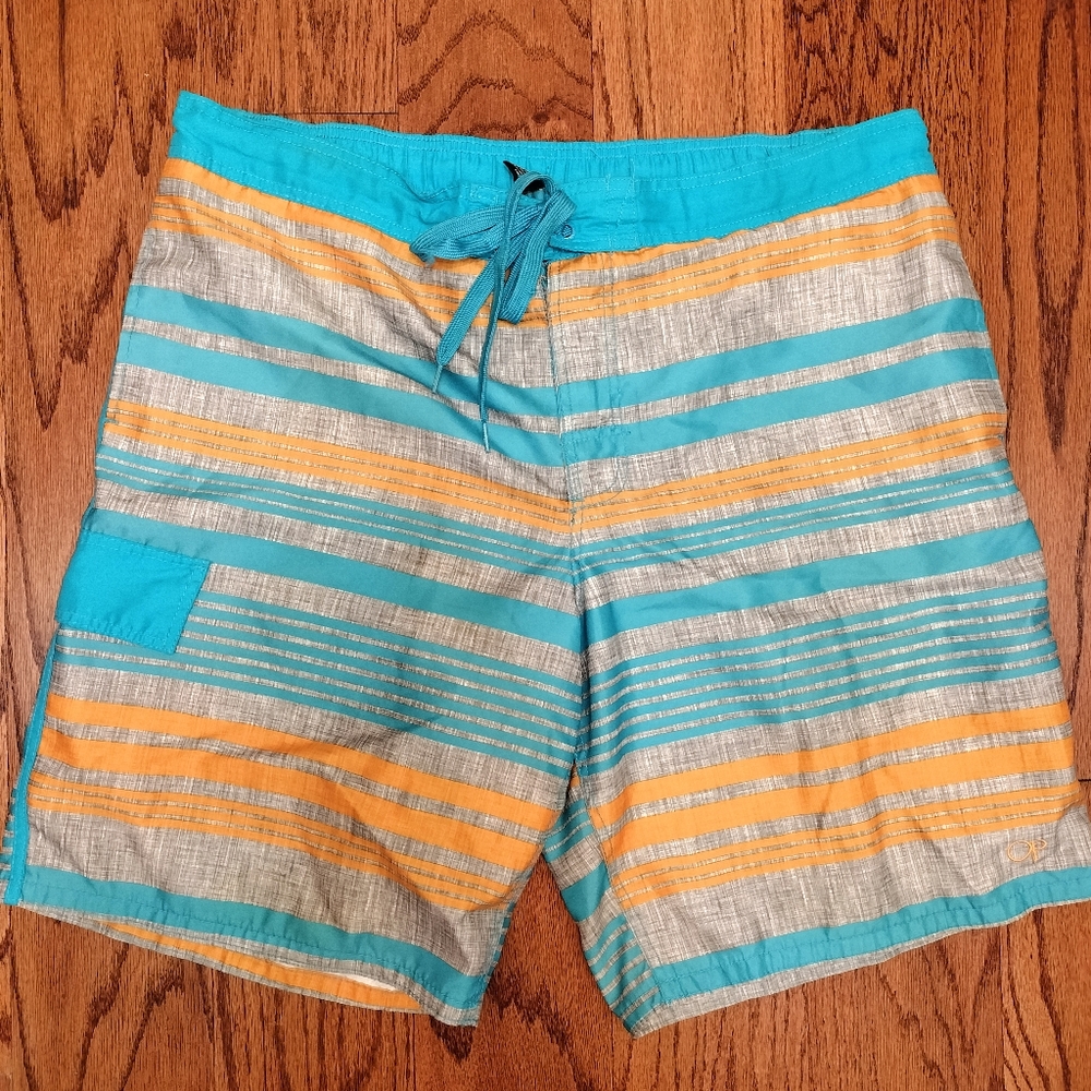 2pcs Ocean Pacific OP Swim Trunks 40-42 Mens Blue Striped Mesh Swimwear